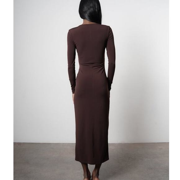 Aya Muse Perugia Dress long sleeve tie front chocolate brown size large L - Picture 6 of 16